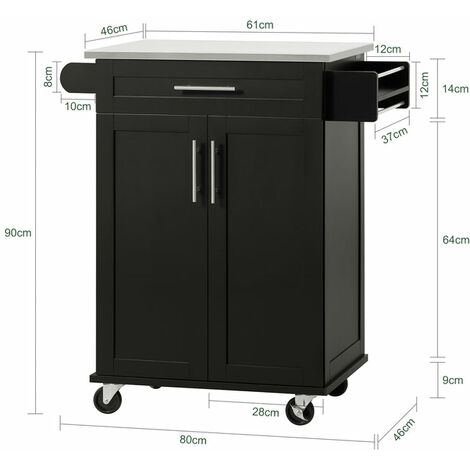 Carrello Da Cucina VidaXL Nero 60x48x89.5 Cm | In Legno Multistrato E Acciaio | Con Ruote E Piedini Regolabili
