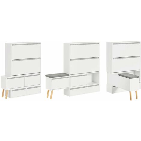 Scarpiera ribaltabile, Scarpiera con 2 ribalte, 2 ante e 2 cassetti, Armadio ingresso, Scarpiera con sedile, (92-124) x115x24cm, FSR134-W SoBuy