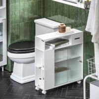 Mobile Bagno Stretto Con Ruote E Ante In Vetro Temperato – 71x20x70 Cm, Ripiani Regolabili, Bianco