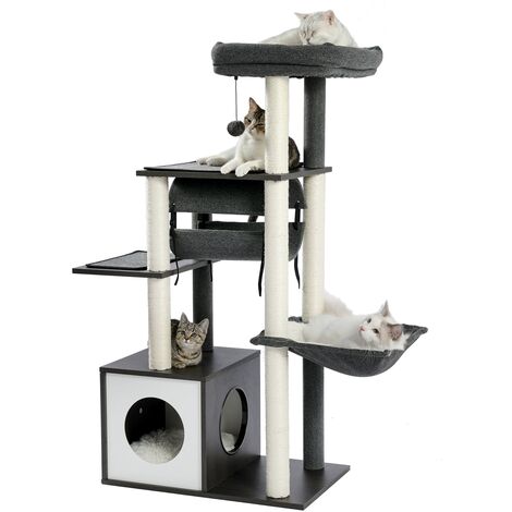 Pawz Road – Arbre à chat en bois noir 130cm – Multi-plateforme avec grand hamac et tunnel suspendu – Structure robuste pour Maine Coon
