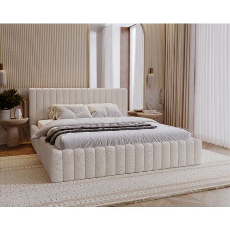 Emporius – Lit double 180x200 Billo – Tête de lit rembourrée en tissu peau d'agneau – Cadre en bois avec coffre à literie – Crème