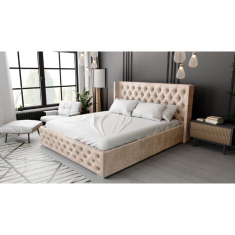 Rolia Lit glamour 160x200 cm, Lit adulte avec rangement, Tissu Beige (Paros 02) (1/5)
