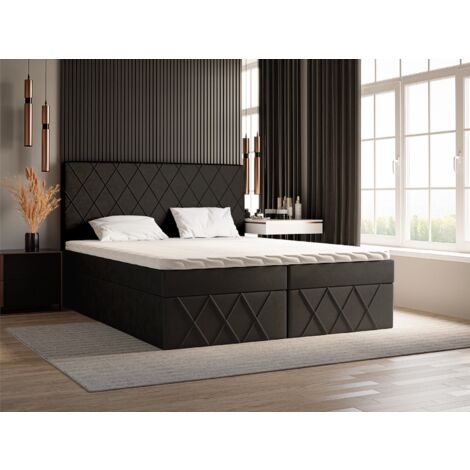 Emporius – Lit boxspring 180x200 avec rangement – Matelas à ressorts intégré 15 cm – Surmatelas mousse 4 cm – Tissu velours noir imperméable (1/5)