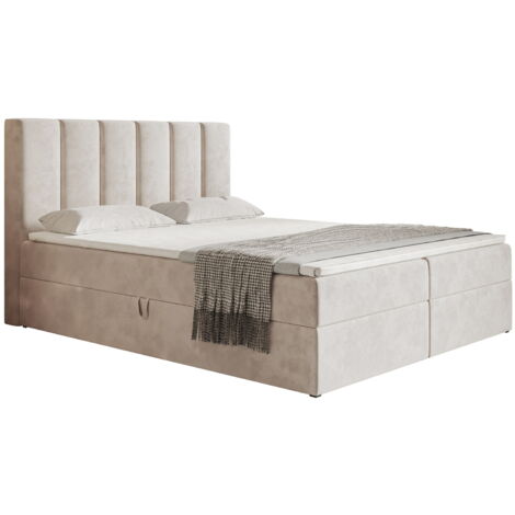 Emporius – Lit boxspring 160x200 cm avec matelas à ressorts Bonell et surmatelas 5 cm – 2 coffres de rangement – Tissu velouté imperméable (1/5)