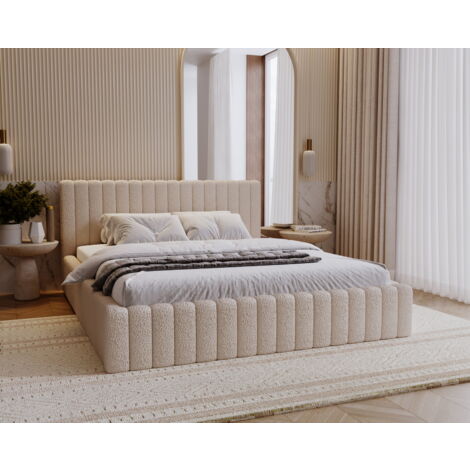 Emporius – Lit double 160x200 Billo – Lit rembourré en tissu peau d'agneau – Coffre à literie inclus – Tête de lit élégante beige