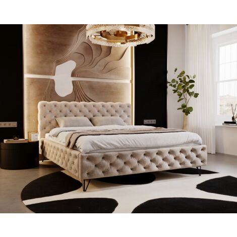 Laval Lit double 160x200 - Lit rembourré, sommier à lattes, Lit coffre, Tissu Beige (Paros 02) (1/5)