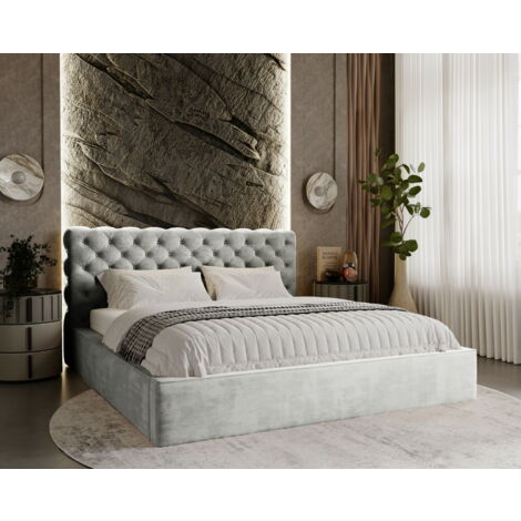 Ali Lit double 180x200 - Lit glamour, Lit coffre, sommier à lattes, Tissu velvet Gris clair (Magic Velvet 2218) (1/5)
