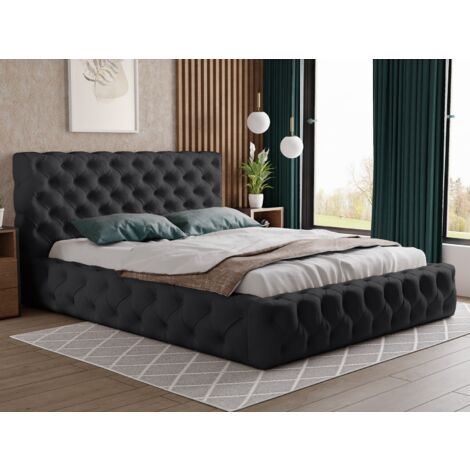Lit design 200x200 Glory - Glamour Style Chesterfield - Lit Double avec rangement & Sommier à Latte - Noir (Kronos 07) (1/4)