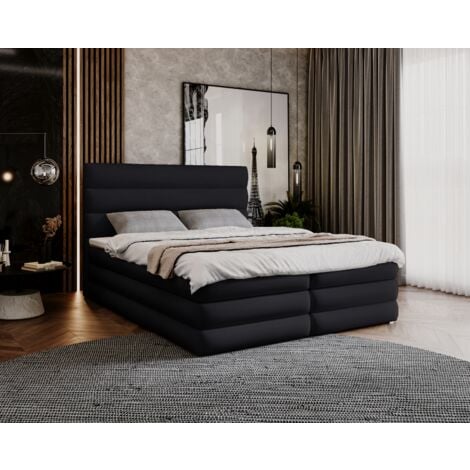 Lit Boxspring 180x200 Ledder Box - Lit double avec sommier à lattes & topper, coffre de lit - Lit avec matelas Bonell - Noir (Royal Velvet 6157)