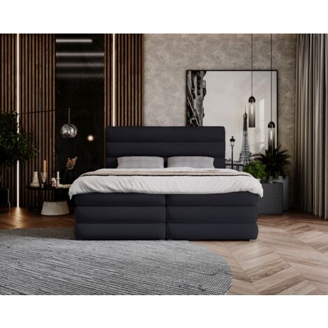 Lit Boxspring 180x200 Ledder Box - Lit double avec sommier à lattes & topper, coffre de lit - Lit avec matelas Bonell - Noir (Royal Velvet 6157)