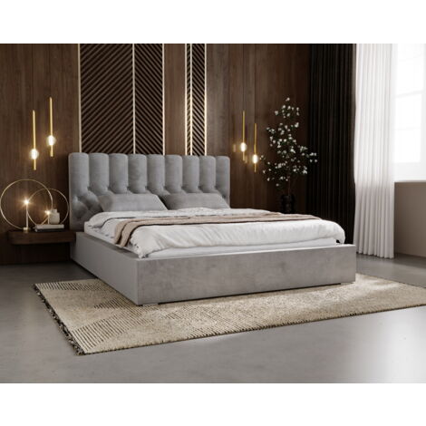 Lit 180x200 Sevilla - Lit Double avec Sommier à Lattes & Coffre de Lit - Tissu Velours, Chesterfield - Gris (Magic Velvet 2217) (1/5)