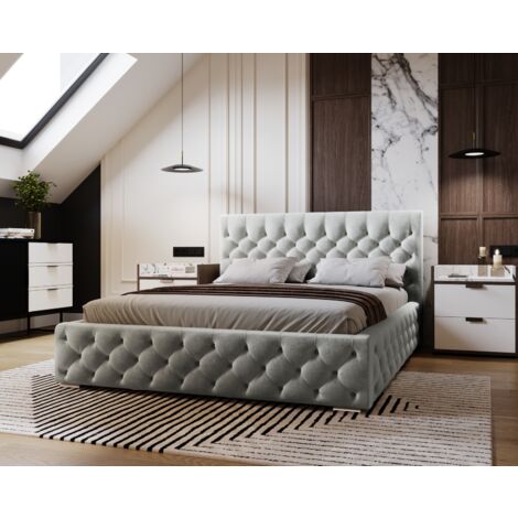 Emporius – Lit coffre 200x200 cm avec sommier à lattes et tiroir – Tissu velours gris clair – Design glamour pour chambre adulte (1/5)
