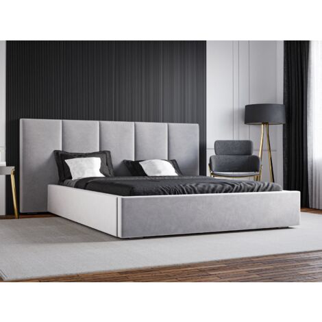 Lit avec sommier 160x200 Praga - Lit en velours, Lit double avec sommier à lattes - Gris clair (Magic Velvet 2218) (1/5)