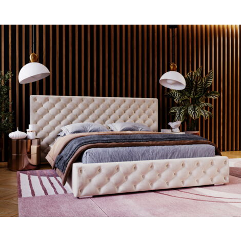 Lit double 160x200 Bella - Lit Chesterfield, lit glamour - sommier à lattes & coffre de lit - Beige (Magic Velvet 2201) (1/5)