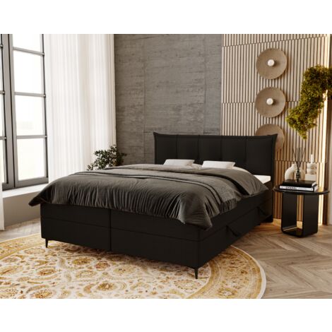 Lit boxspring 180x200 Liron - Lit double matelas Bonell, sommier, topper, tissu bouclé - Noir (Anthology 19) (1/4)