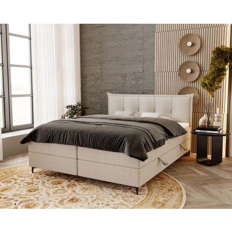 Lit boxspring 160x200 Liron - Lit double matelas Bonell, sommier, topper, tissu bouclé - Crème (Anthology 1) (1/4)