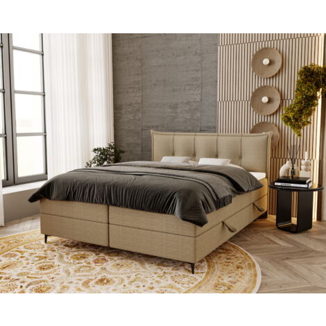Lit boxspring 140x200 Liron - Lit double matelas Bonell, sommier, topper, tissu bouclé - Beige (Anthology 3) (1/4)