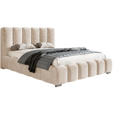 Emporius – Lit adulte 180x200 Pearl – Lit double avec sommier à lattes – Tissu velours beige – Mousse épaisse pour confort optimal (1/5)