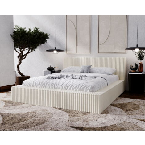 Emporius – Lit double 200x200 avec sommier à lattes – Cadre rembourré beige – Largeur 164 cm – Hauteur 90 cm – Design moderne (1/5)