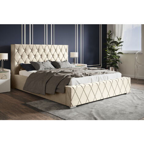 Lit Tapissé 200x200 cm Leno - Cristaux - Lit Double avec Tissu Velours, Style Glamour (Vanille - Amor Velvet 4323) + CADRE À LATTES EN MÉTAL (1/5)