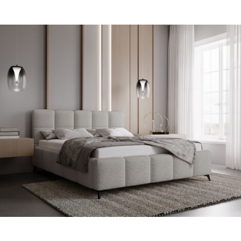 Lit double 180x200 Kastilo - Lit avec rangement, sommier à lattes - Lit adulte 180x200 - tissu bouclé Gris clair (Anthology 15) (1/5)