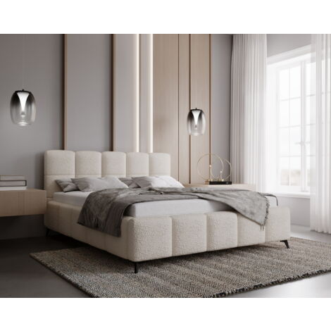 Lit double 160x200 Kastilo - Lit avec rangement, sommier à lattes - Lit adulte 160x200 - tissu bouclé Crème (Anthology 1) (1/5)