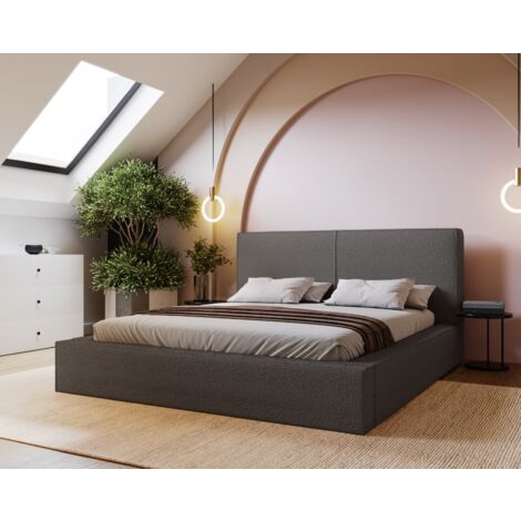 Lit adulte 180x200 Morin Boucle - Lit double avec rangement - sommier à lattes, Lit design, tissu bouclé Gris foncé (Anthology 18) (1/4)