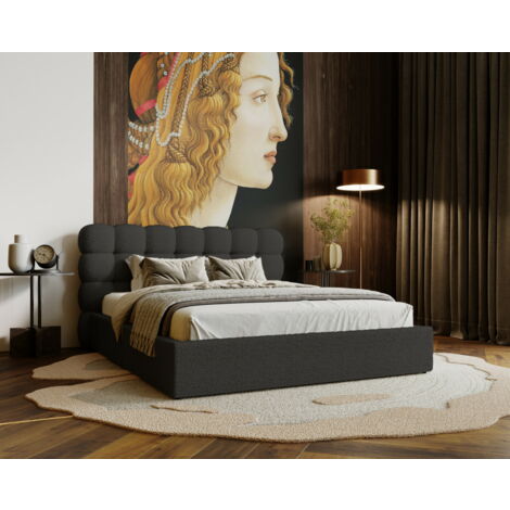 Lit adulte 180x200 Parlas - Lit double avec Sommier à Lattes, Rangement, Lit Rembourré avec tissu bouclé - Noir (Anthology 19) (1/5)