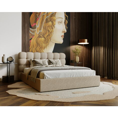 Lit adulte 160x200 Parlas - Lit double avec Sommier à Lattes, Rangement, Lit Rembourré avec tissu bouclé - Beige (Anthology 3) (1/5)