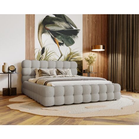 Lit double 200x200 Parlas Bis - Lit avec tissu bouclé - Lit design avec Rangement (Gris clair - Anthology 15)