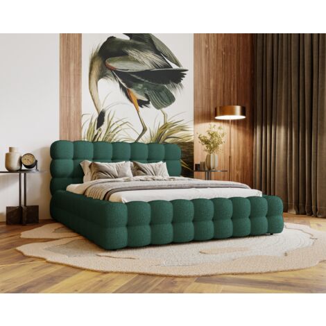 Lit double 160x200 Parlas Bis - Lit avec tissu bouclé - Lit design avec Rangement (Vert - Anthology 13)