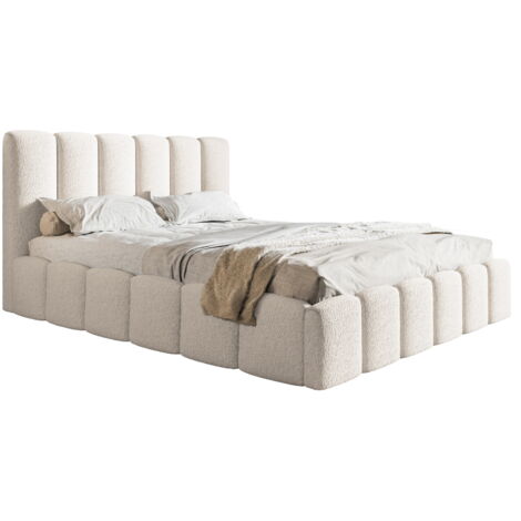 Emporius – Lit double 180x200 avec rangement – Tissu bouclé crème – Cadre en bois – Design moderne – Rembourrage tête de lit noir