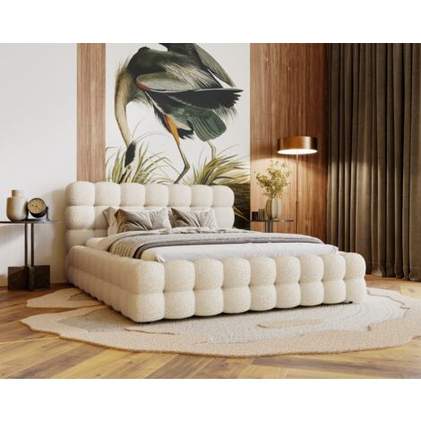 Emporius – Lit double 200x200 avec rangement – Tissu bouclé crème – Sommier à lattes – Coffre de lit inclus – Design moderne