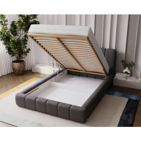 Lit Double 160x200 Avec Rangement Emporius Cloud - Tissu Bouclé Crème, Tête De Lit Matelassée