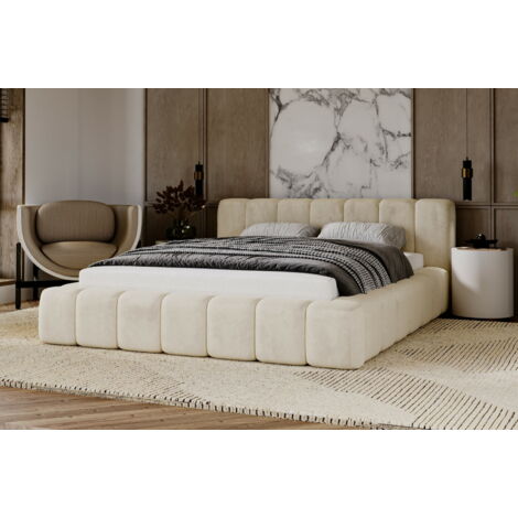 Emporius – Lit coffre 160x200 cm avec rangement – Tissu velours beige ignifugé et imperméable – Sommier à lattes et mousse épaisse (1/5)