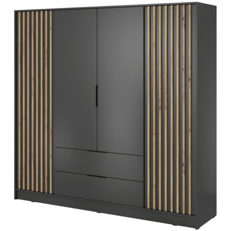 Armoire 200 cm Fioro - Armoire du fabricant, armoire de chambre à coucher - armoire à portes battantes avec lamelles, 4 portes (Graphite)