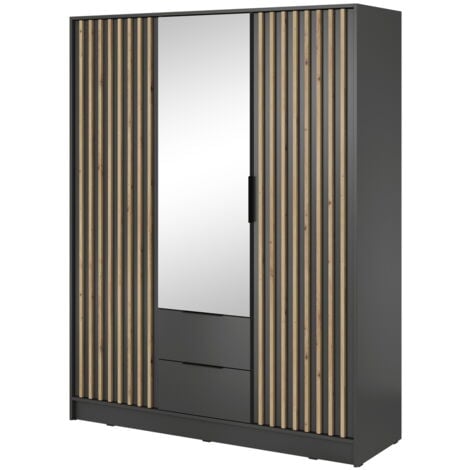 Armoire avec miroir 150 cm Fioro - Armoire du fabricant, armoire de chambre à coucher - armoire à portes battantes avec lamelles, 3 portes (Graphite)