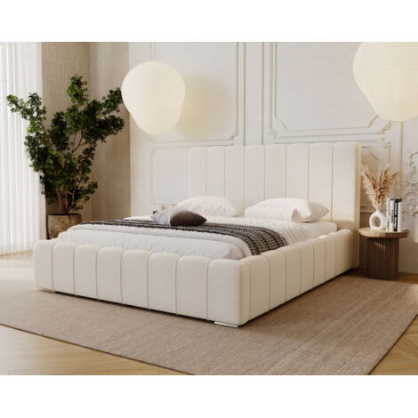 Lit adulte 140x200 Lisbon avec rangement, sommier métallique - Lit coffre, tissu velours Crème (Komodo 10) (1/5)