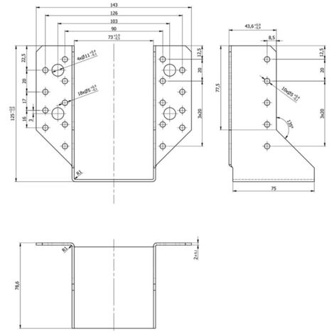 Sabot de charpente galvanisé à ailes extérieures - Larg. 73 x Ht. 123 mm