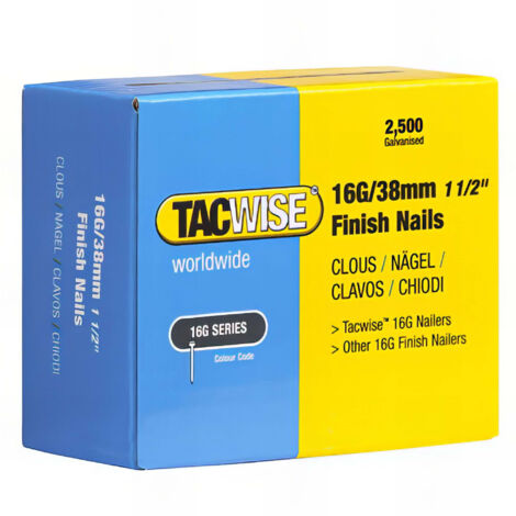 Tacwise – Boîte de 2500 clous de finition 16G L. 38 mm – Galvanisés pour bois dur – Force de maintien supérieure – Pour charpenterie professionnelle