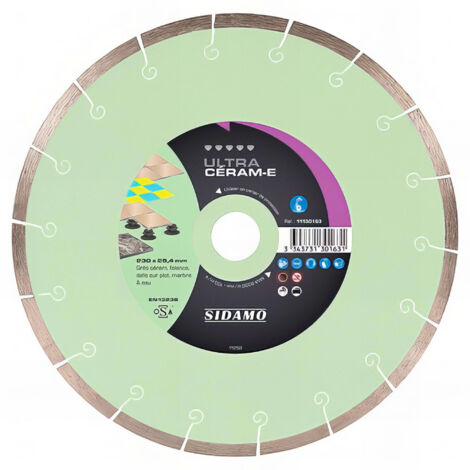 Sidamo – Disque diamant pour meuleuse 230mm – Alésage 25,4mm – Coupe à eau sur grès céram, faïence et marbre – Vitesse 100 m/s