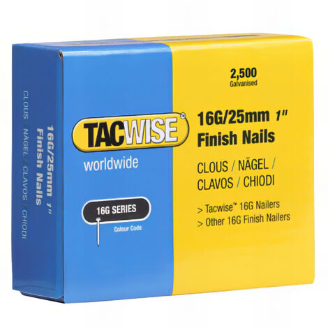 Boîte de 2500 clous de finition 16G L. 25 mm – Galvanisés pour bois dur – Force de maintien supérieure aux 18G – Pour cloueurs Tacwise - TA-0666