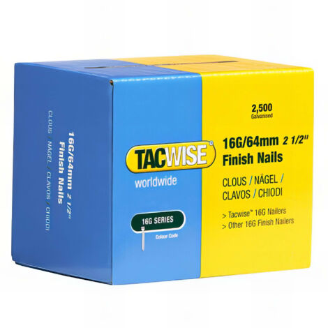 Clous de finition 2500 pcs 16G L. 64 mm – Galvanisés pour bois dur – Compatibles cloueurs Tacwise DFN50V et FFN64LHH – 301 - TA-0301