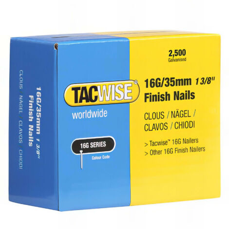 Boîte de 2500 clous de finition 16G L. 35 mm – Galvanisés pour bois dur – Force de maintien supérieure – Compatibles cloueurs Tacwise - TA-0295