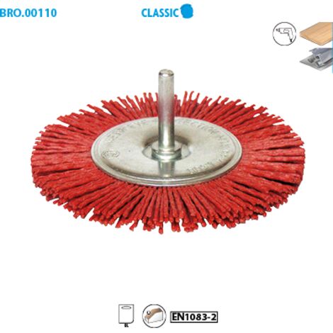 Brosse circulaire sur tige fil nylon pour décapage doux bois/métal D. 50 mm - Q. 6 x 30 mm - Ep. 5 mm - Gr. 80 - 110.051 - Leman (1/3)