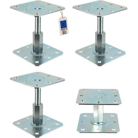4 embases pied de poteau réglables - Platine 130x130mm - M20 - Acier galvanisé à chaud - Ht100 à 150 mm - Fabrication Européenne