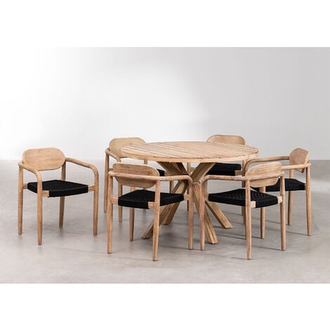 Conjunto mesa redonda jardín 150 cm y 6 sillas de madera y cuerda