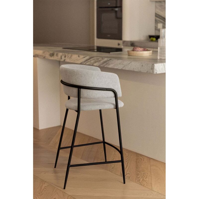 Sgabello Da Bar Alto Maven Lane Pullman Con Schienale - Finitura Rovere Stagionato, Seduta In Tessuto Sabbia - Girevole 180°, Rivestimento A Chiodi - Altezza 66 Cm (banco)