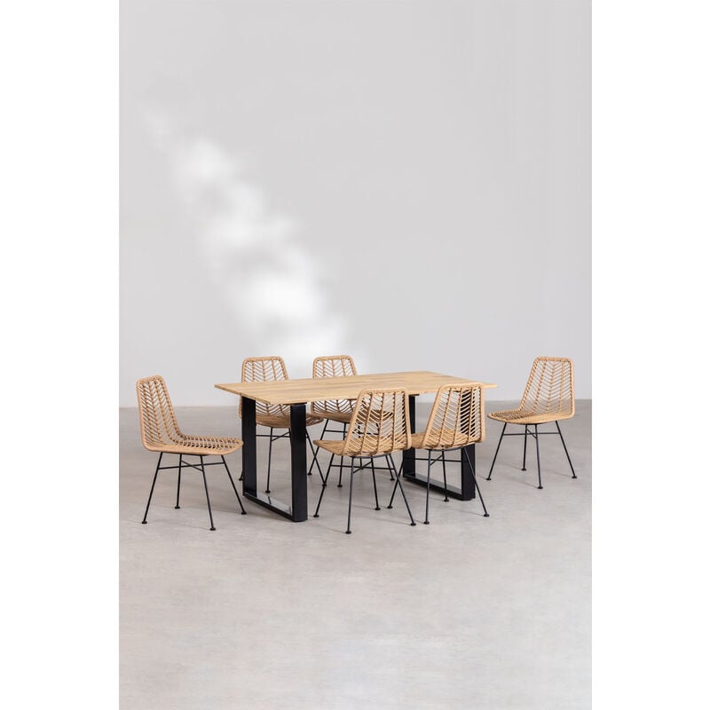 SKLUM Set da pranzo in legno (160x90 cm) Melina e 6 sedie in ratán sintetico  Gouda naturale Nero