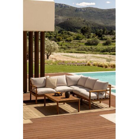 Set Da Giardino Con Divano Angolare E Tavolino – Struttura In Acacia Massello, Cuscini Morbidi Con Spugna, Corda Intrecciata, Beige, Per Terrazzo E Balcone